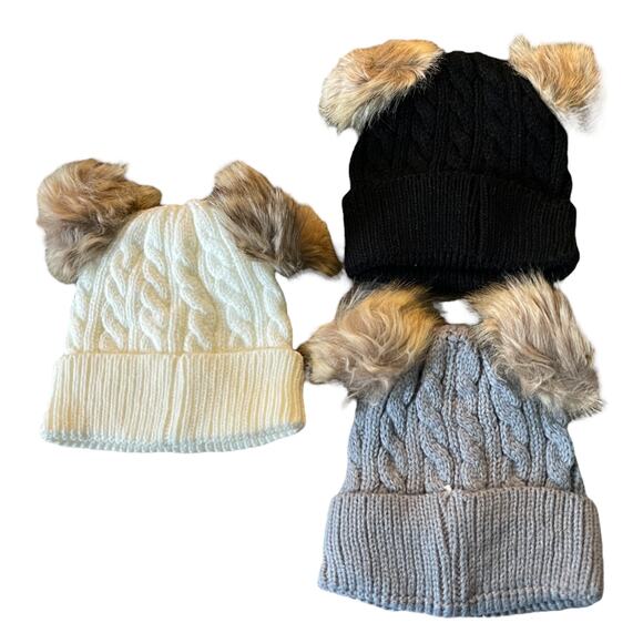 3 Knit Unisex Pom Pom Ear Set Of Toddler Beanies One Size - Picture 2 of 2